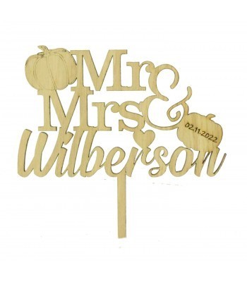 Laser Cut Oak Veneer Personalised 'Mr & Mrs' Cake Topper with Pumpkins - Surname & Date